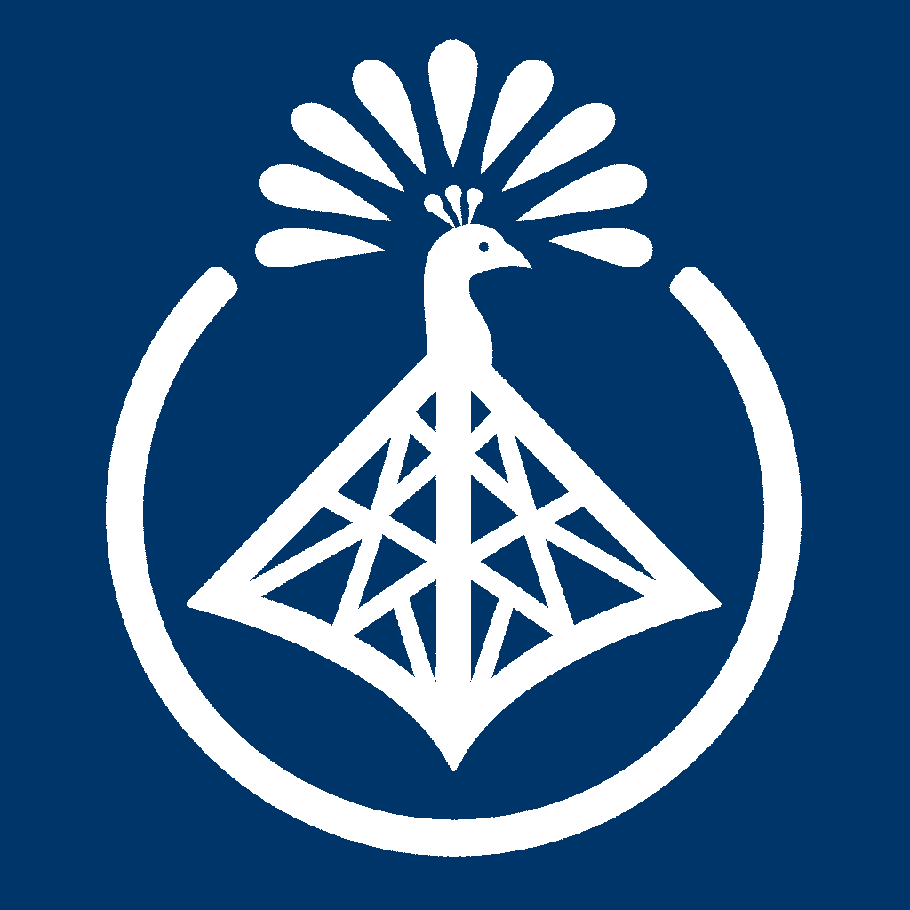 Company logo: stylized peacock in circle